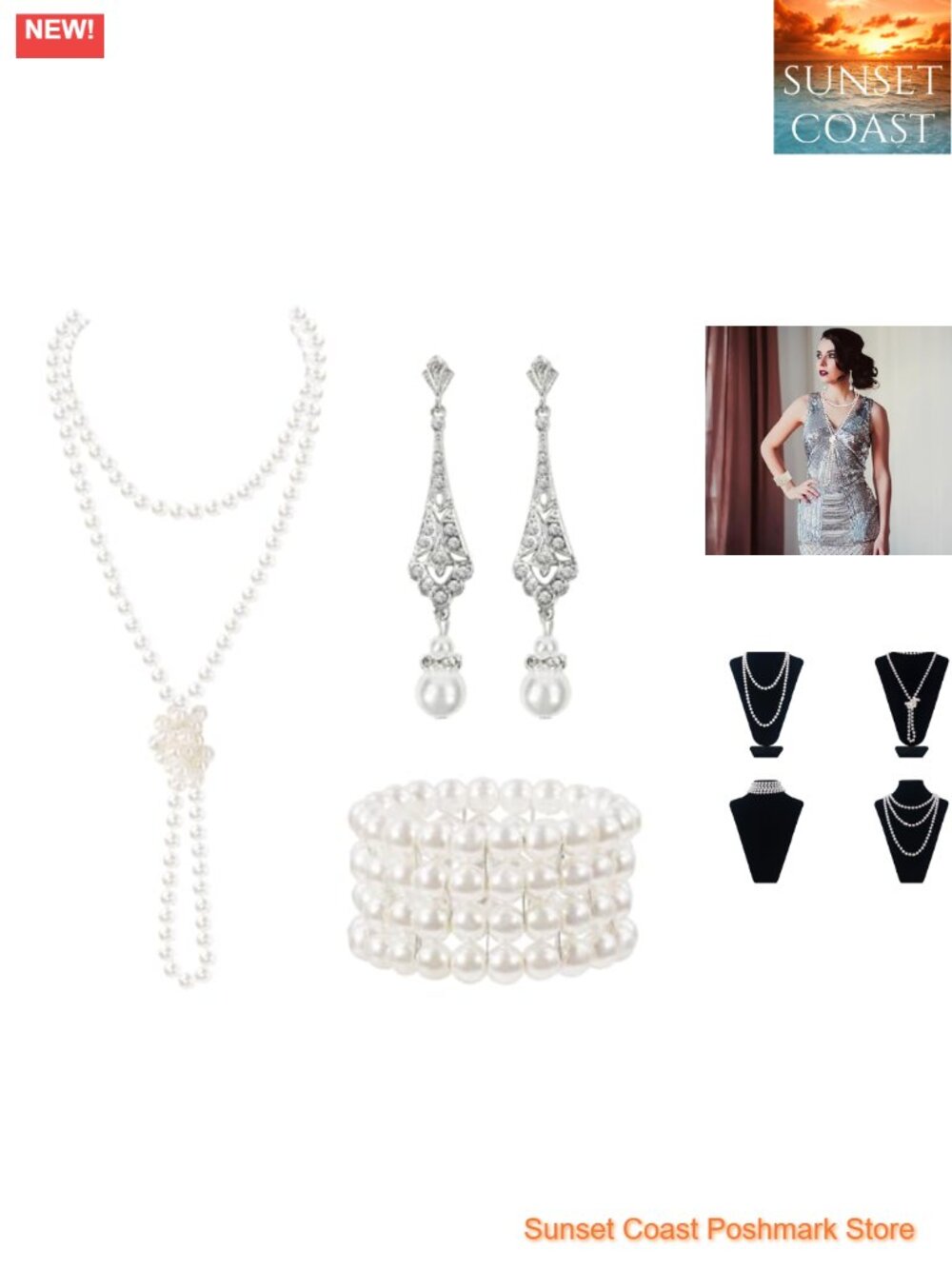1920s Pearl Jewelry Set Faux Pearl Long Necklace Earrings Multilayer Bracelet